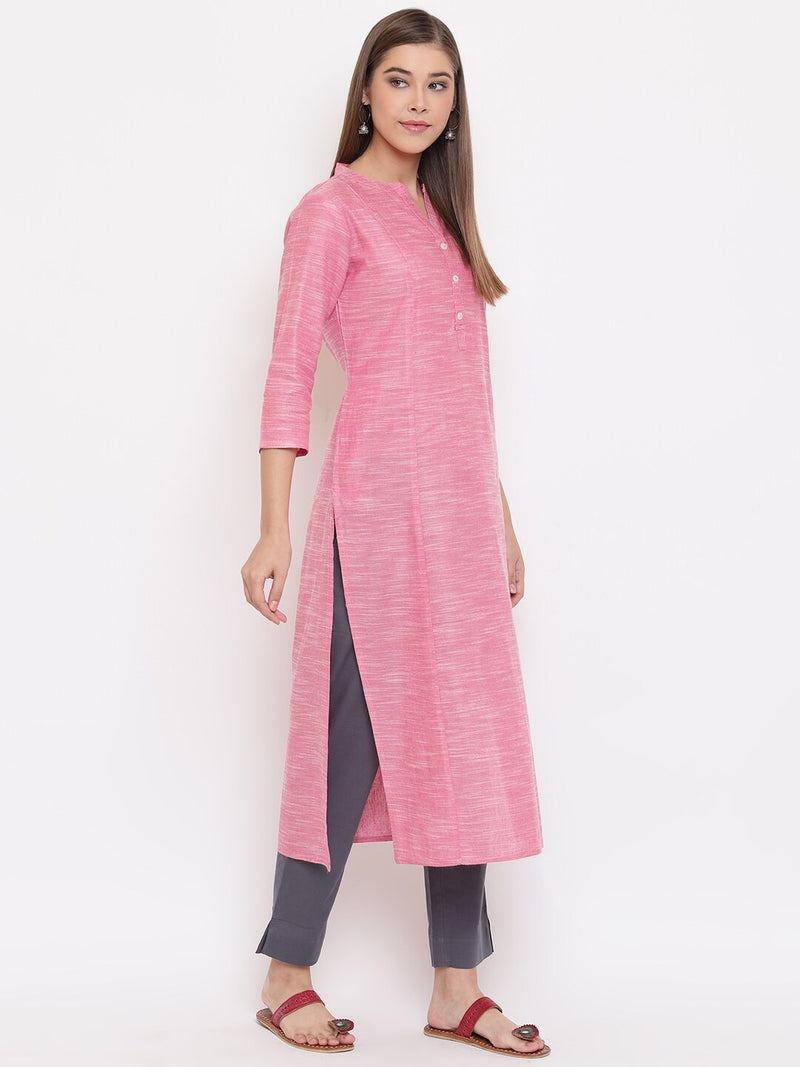 Pink Cotton Flex Woven Design Straight Kurta