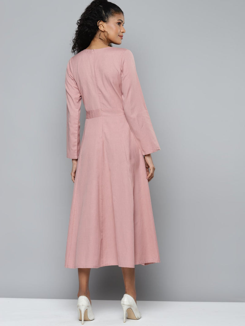 Pink Embroidered Wrap Flared Dress