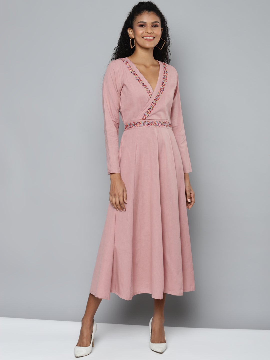 Pink Embroidered Wrap Flared Dress