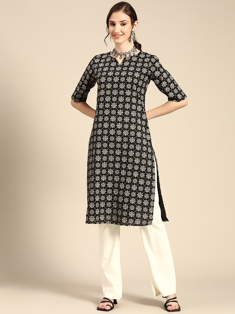 Black Pure Cotton Ethnic Motifs Printed Kurta