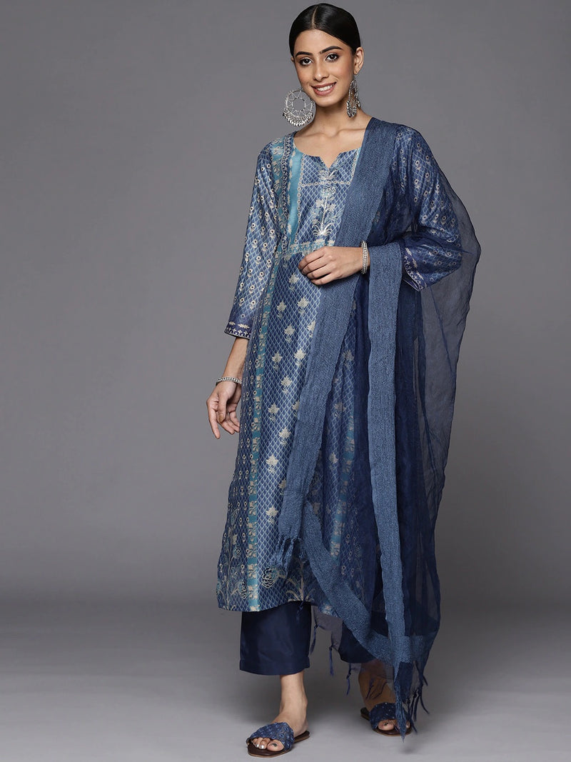 Blue Floral Printed Sequinned Kurta with Trousers & With Dupatta