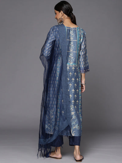 Blue Floral Printed Sequinned Kurta with Trousers & With Dupatta