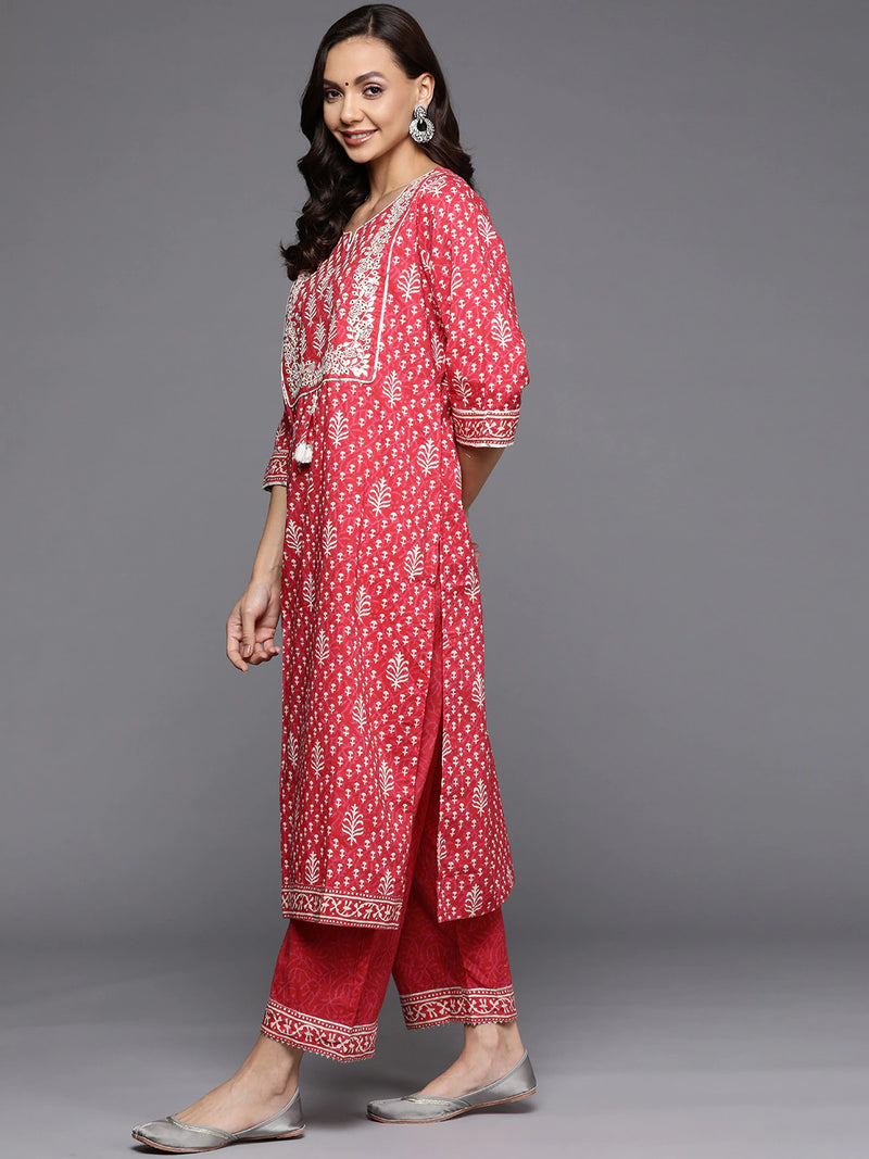 Coral Ethnic Motifs Printed Gotta Patti Kurta with Palazzos & With Dupatta