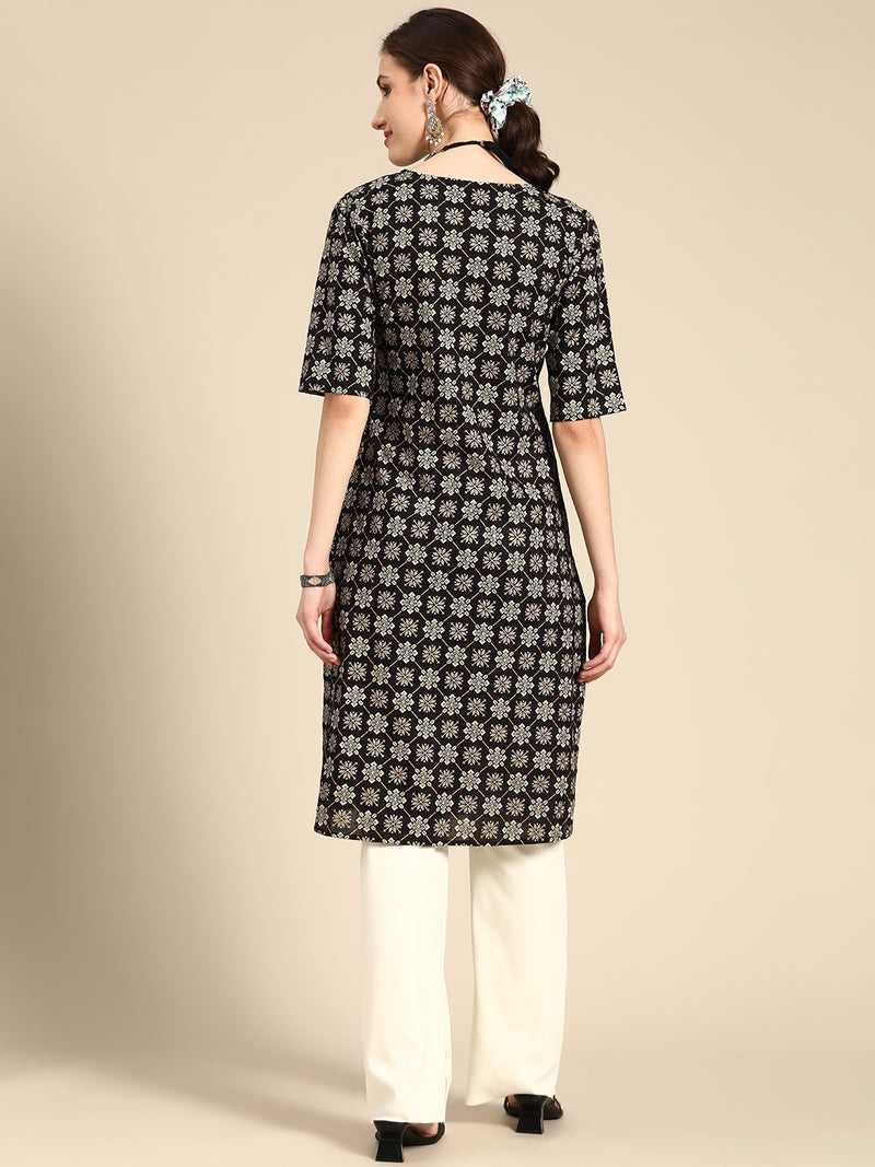 Black Pure Cotton Ethnic Motifs Printed Kurta