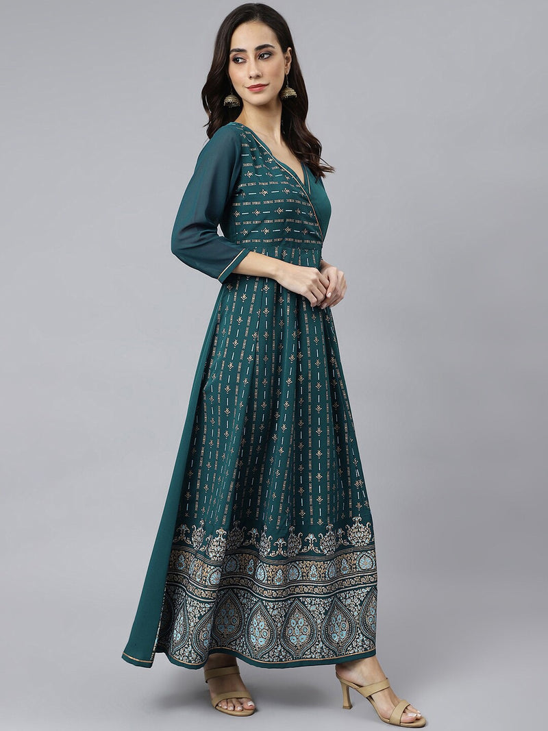 Teal Geometric Printed Crepe Anarkali