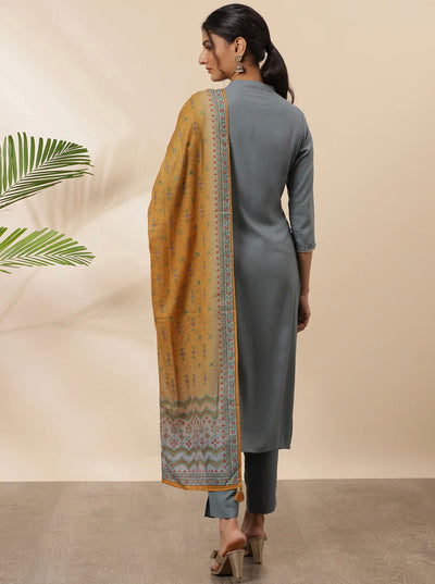 Grey Rayon Solid Kurta With Pant And Dupatta