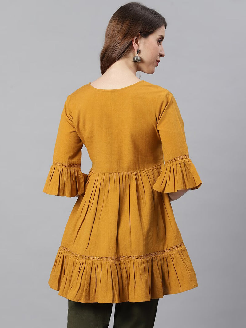 Mustard Cotton Flex Embellished Gathered Tunic