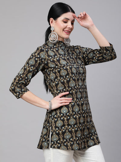 Black Ethnic Printed Straight Tunic With Three Quarter Sleeves