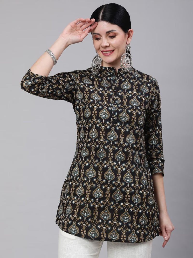 Black Ethnic Printed Straight Tunic With Three Quarter Sleeves