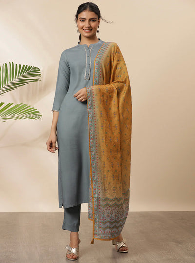 Grey Rayon Solid Kurta With Pant And Dupatta